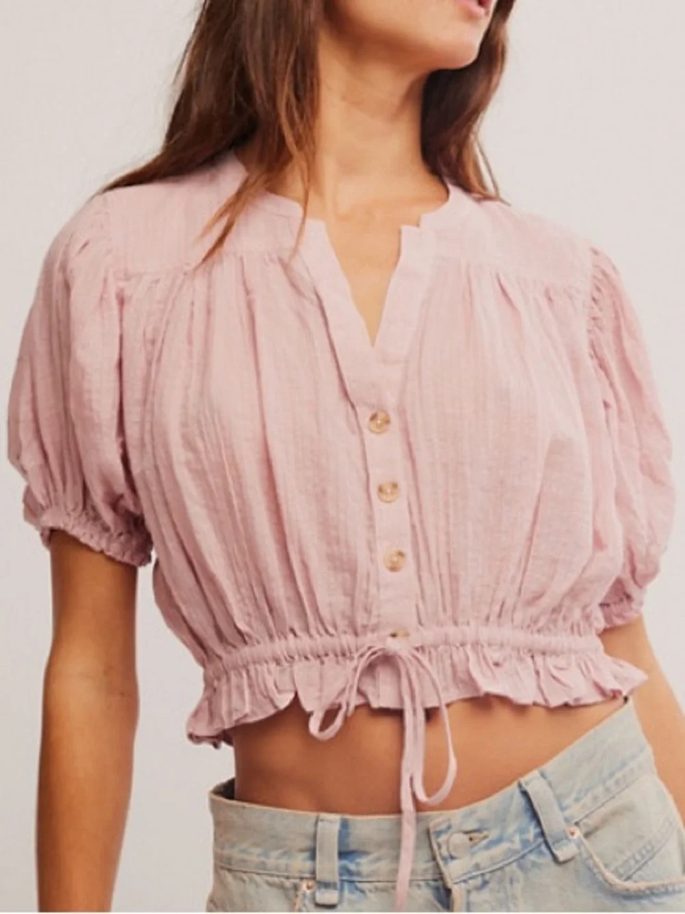 Free People Pink Little Cloud 100% Cotton Cropped Blouse Top Large